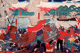 This block print depicts the Battle of Hakodate.