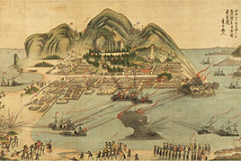 描繪軍艦在函館港對戰情況的圖畫